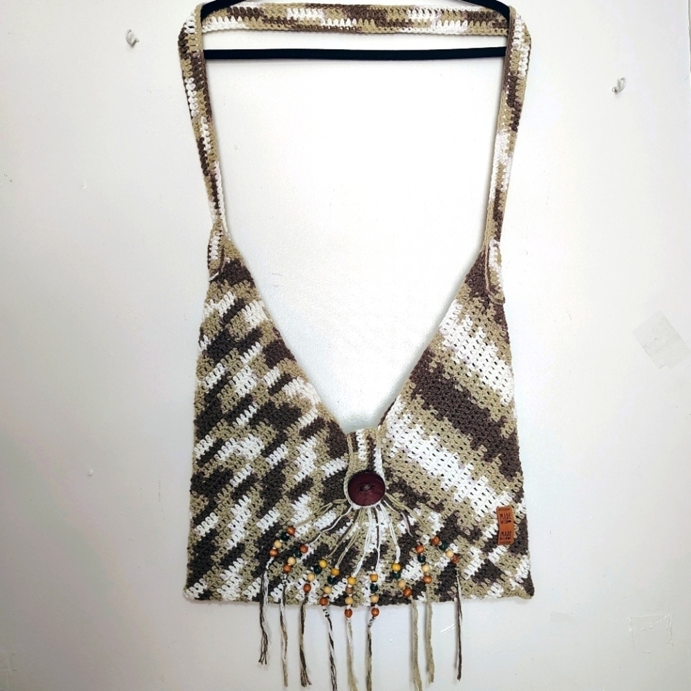 NWOT Handmade Crochet Boho Chic Hippie Crossbody Bag with Fringe Cotton.